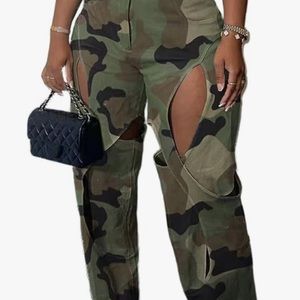 Women's High Waist Camouflage Printed Cut Off Holes Wide Leg Bodycon Sexy Nightc